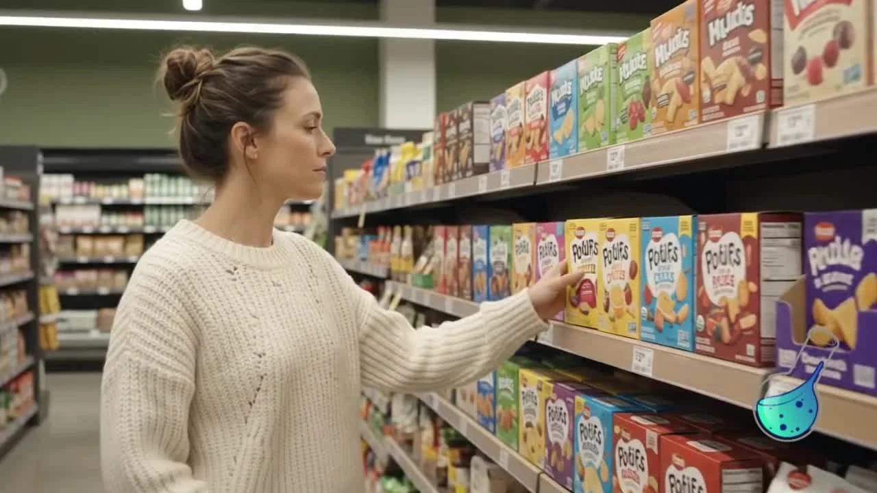 Illustrated shopper examining packaged foods in a grocery aisle.