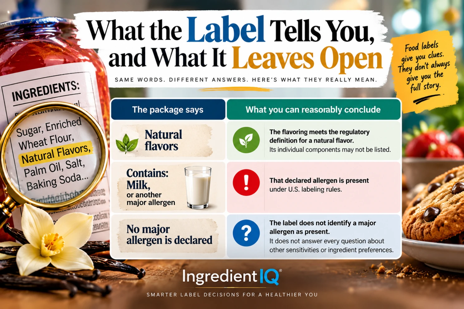 Food label infographic comparing natural flavors, declared major allergens, and information the label leaves open.