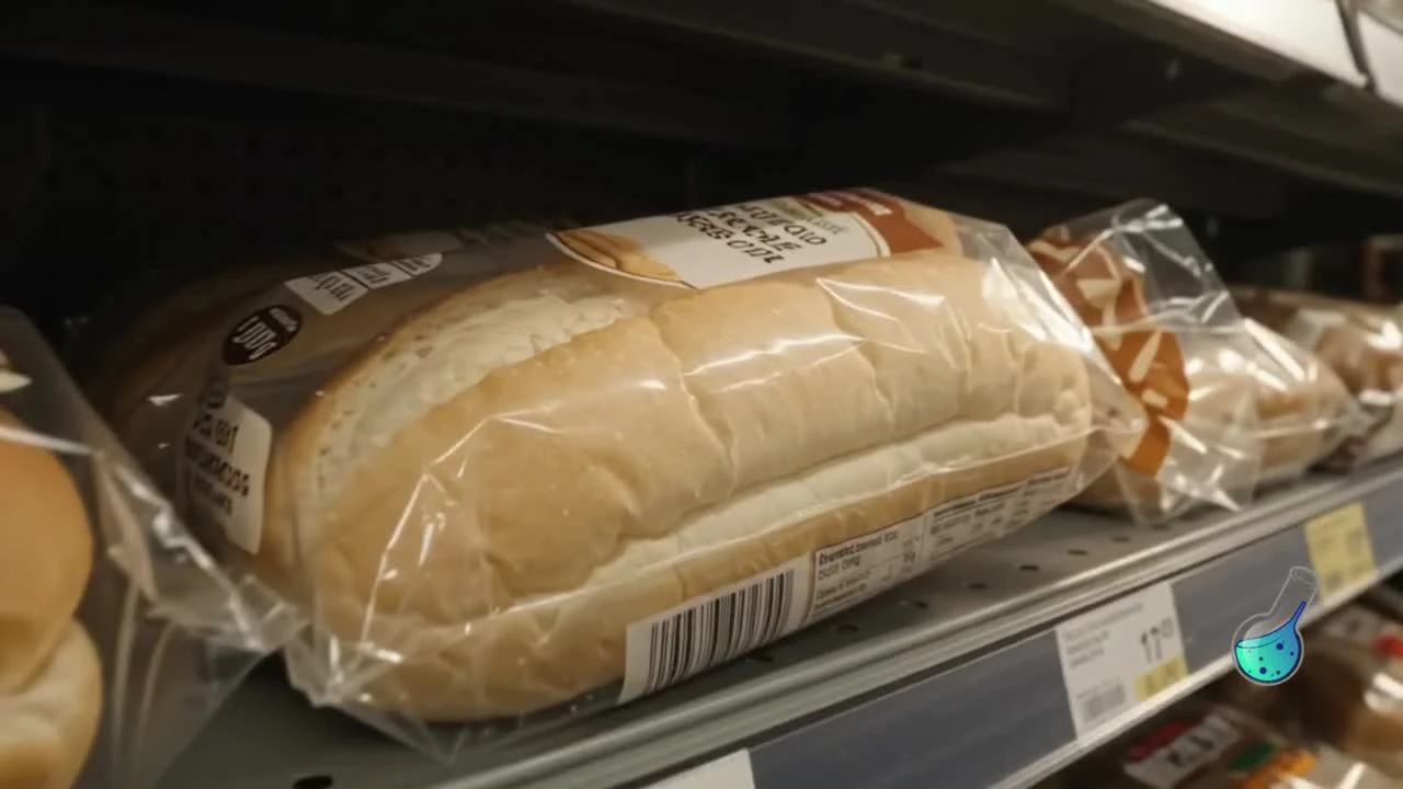 Packaged bread on a supermarket shelf, illustrating azodicarbonamide in bread production.