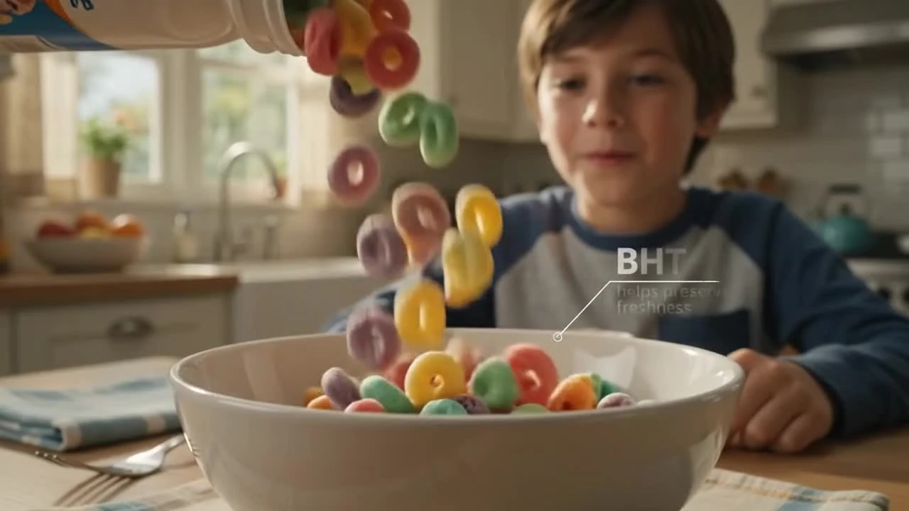 Child beside a cereal bowl with colorful cereal pieces and the label BHT.