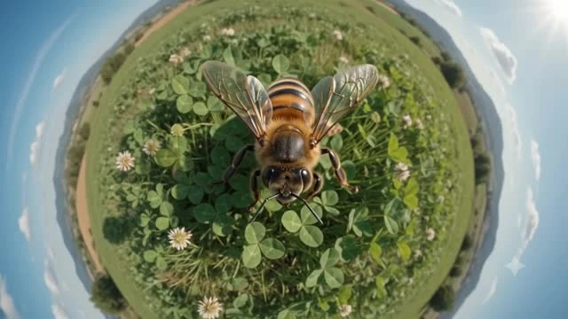 Illustrated honey bee above flowering green land.