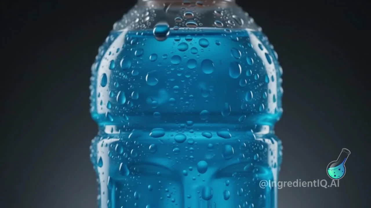Blue beverage bottle in the original synthetic food dye cover artwork.