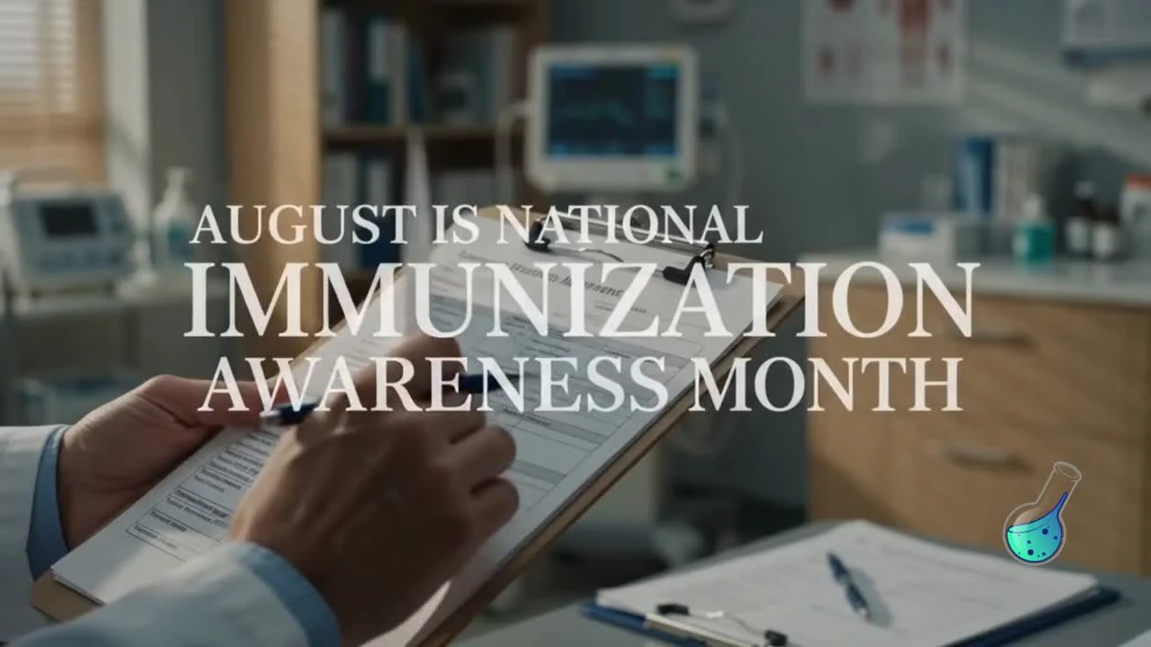 Healthcare professional at a computer with the words National Immunization Awareness Month.