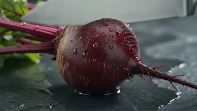 Fresh beetroot with water droplets on a kitchen counter.