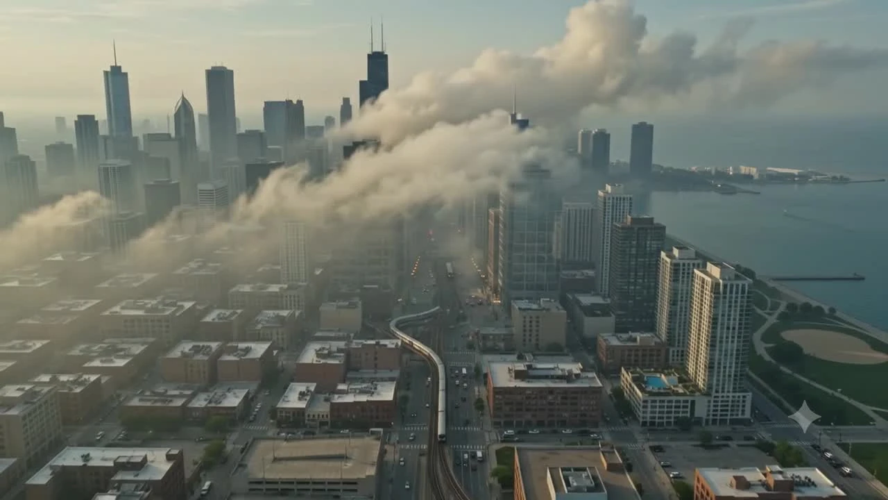 Illustration of smoke drifting across the Chicago skyline.