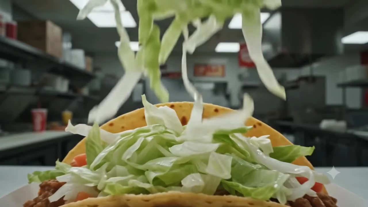 Shredded lettuce falling onto prepared tacos.