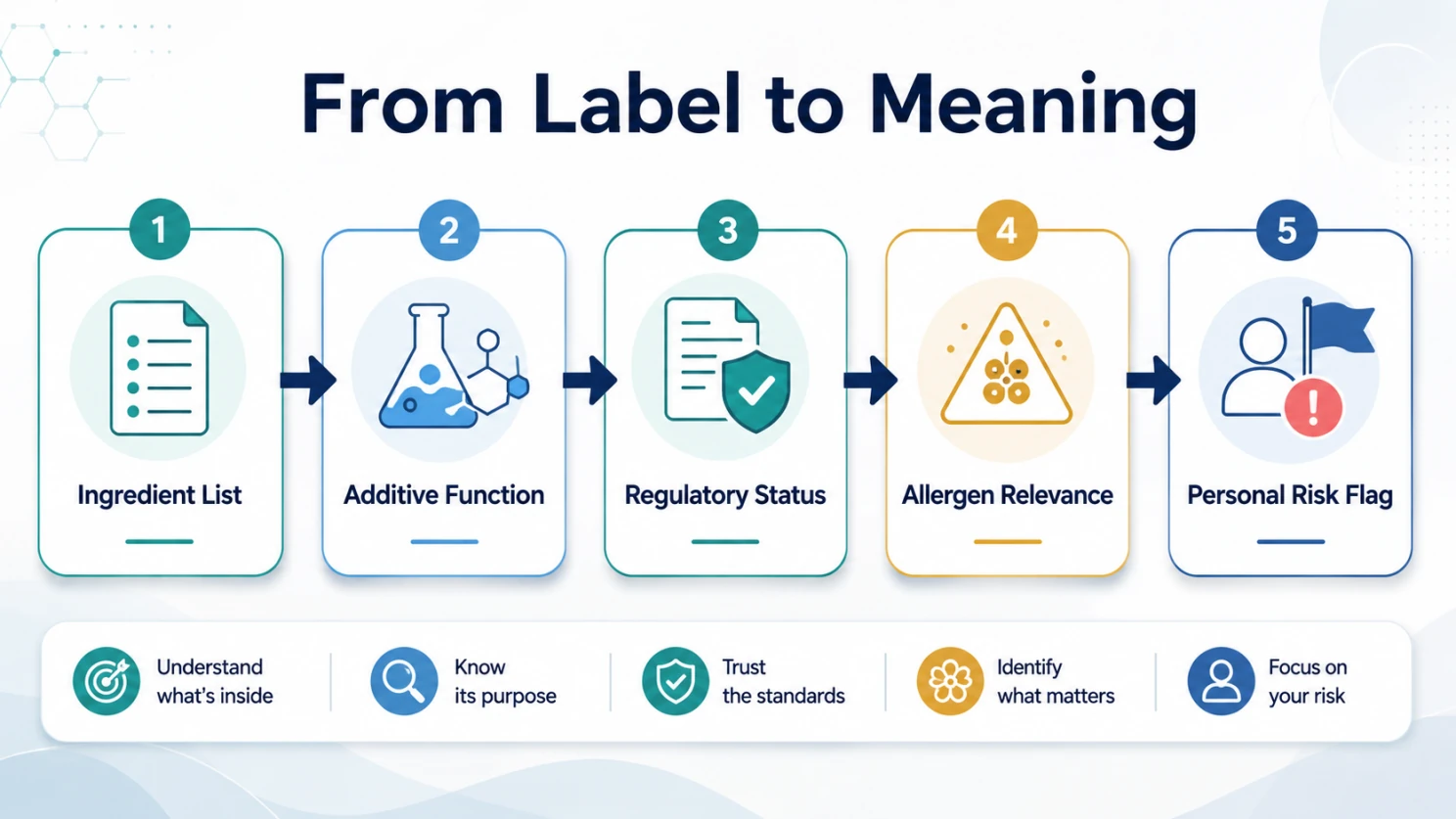 From Label to Meaning diagram connecting the ingredient list, additive function, regulatory status, allergen relevance, and personal risk flags.