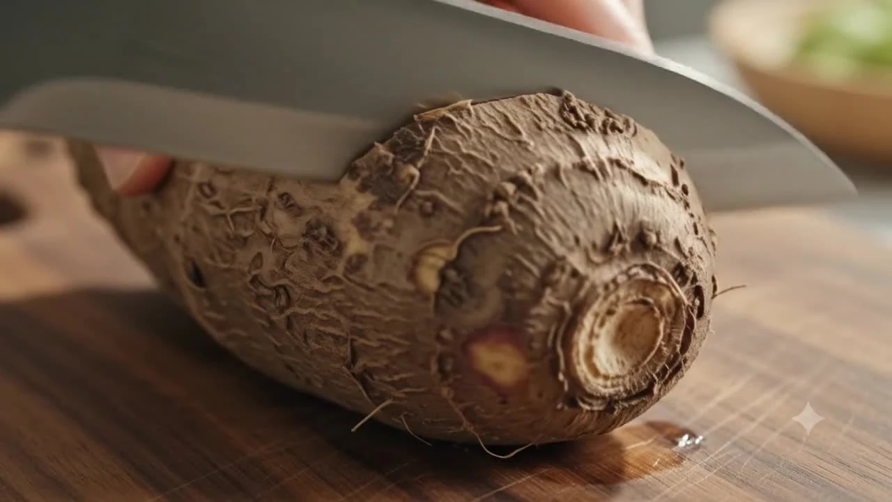 Purple yam on a wooden kitchen board.