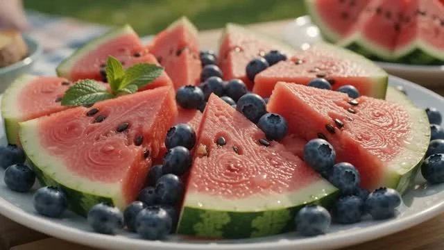Cut watermelon and berries on a serving surface.
