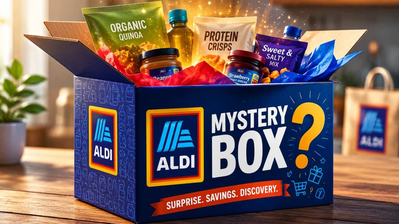 Illustrated Aldi mystery box containing packaged groceries.