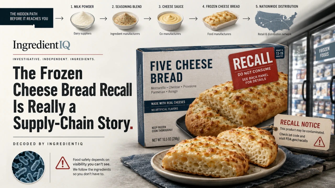 Frozen cheese bread recall editorial graphic showing the product, recall notice, and supply-chain stages.