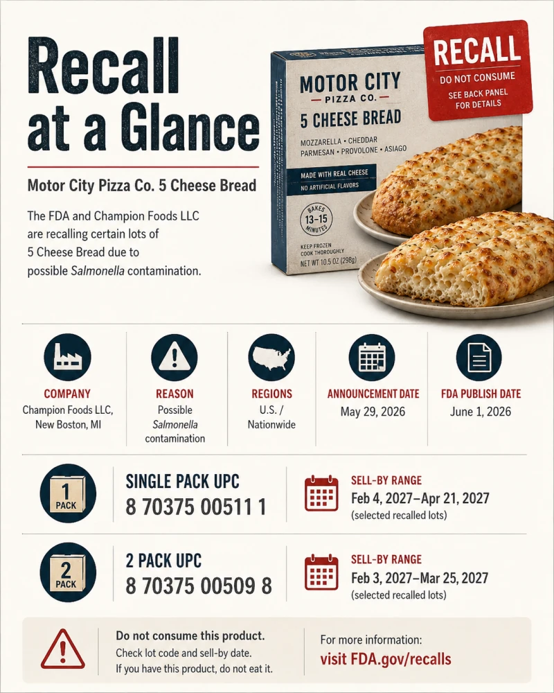 Recall at a Glance graphic showing Motor City Pizza cheese bread product details and the original recall notice.