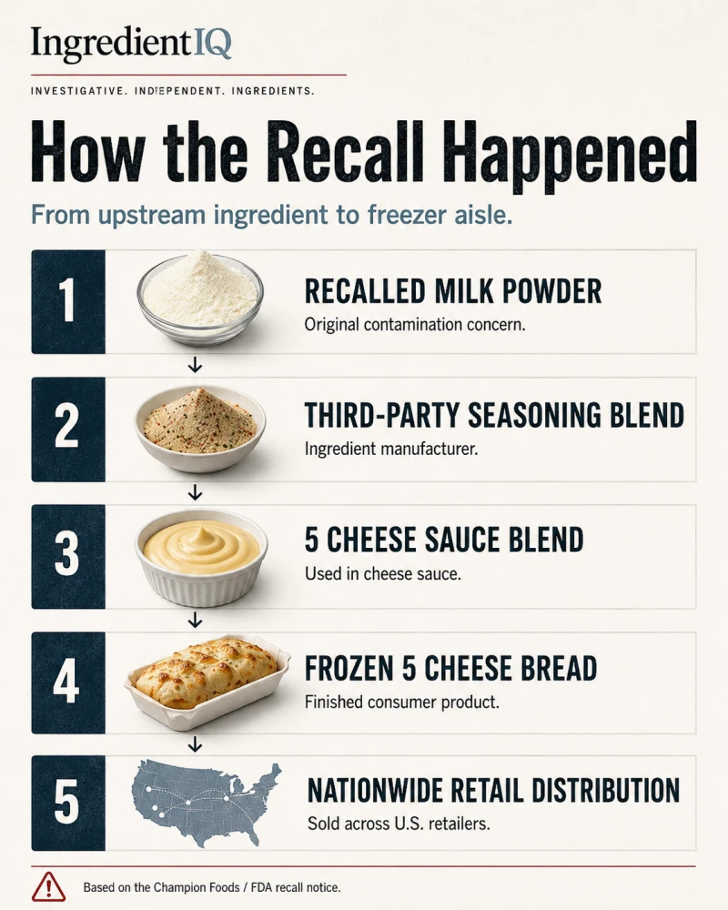 Second original How the Recall Happened graphic tracing milk powder through blends, frozen cheese bread, and retail distribution.