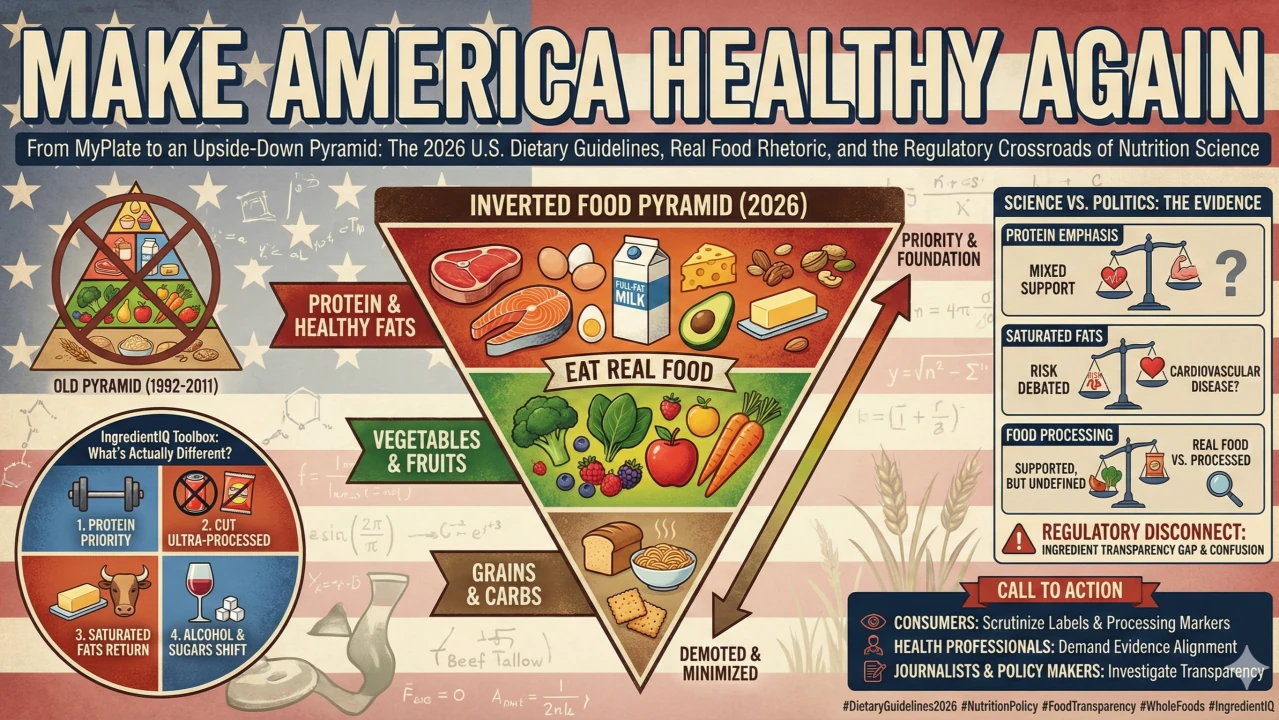 Editorial comparison of the food pyramid and federal dietary guidance, with the headline Make America Healthy Again.