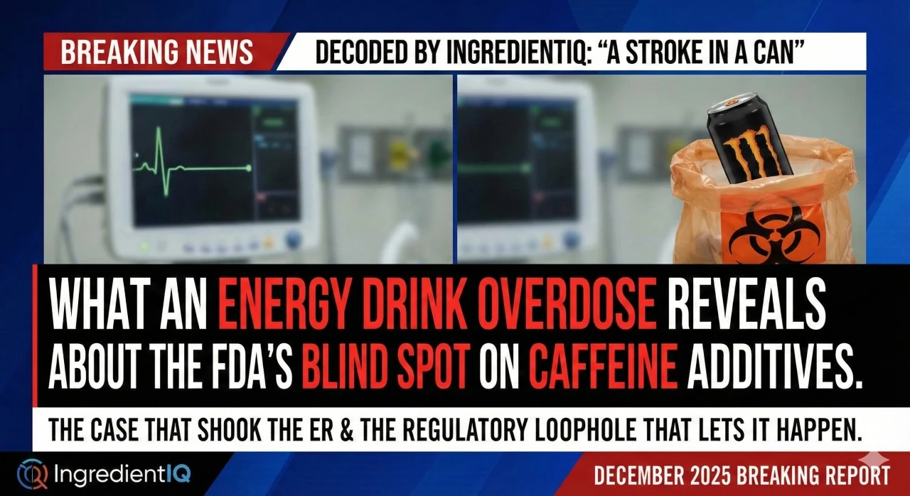A Stroke in a Can editorial graphic showing an energy drink and a hospital monitor.