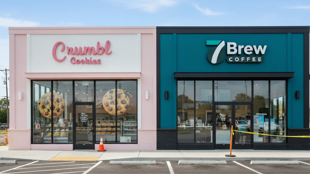 Crumbl Cookies and 7 Brew Coffee storefronts in the original article artwork.