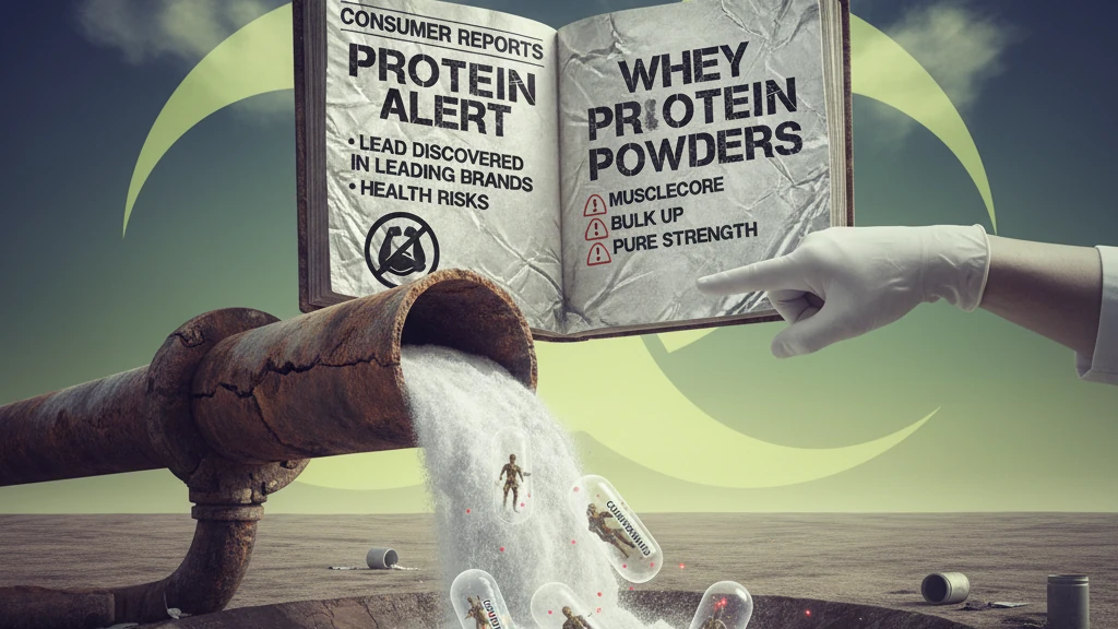 Editorial protein powder alert graphic with a scoop of powder and a whey protein container.