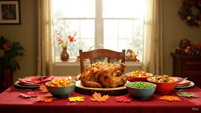 Roast turkey and side dishes on a Thanksgiving dining table.