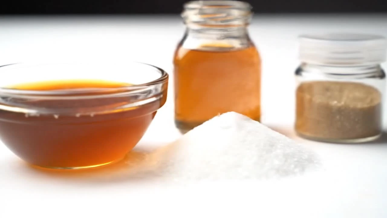 Honey, syrup, granulated sugar, and a jar of sweetener on a kitchen surface.