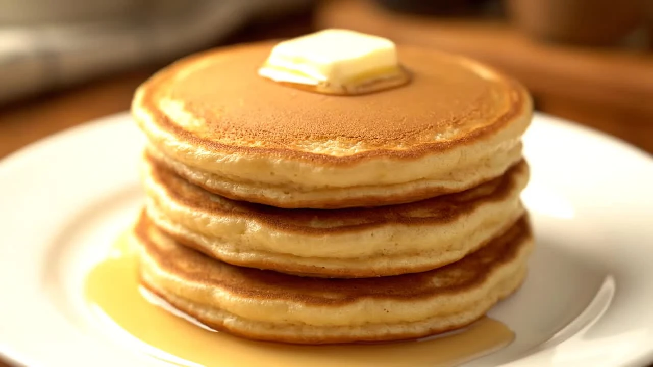 Stack of pancakes topped with butter.
