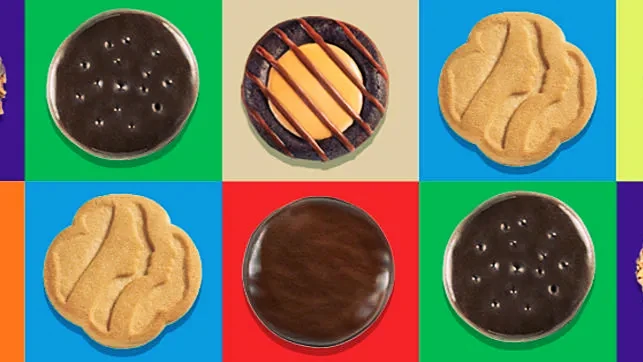 Girl Scout cookies arranged in a colorful grid.
