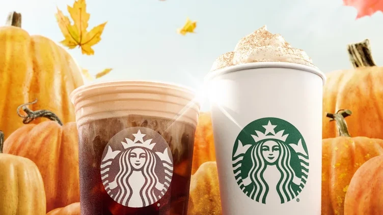 Starbucks iced and whipped-cream drinks surrounded by pumpkins.