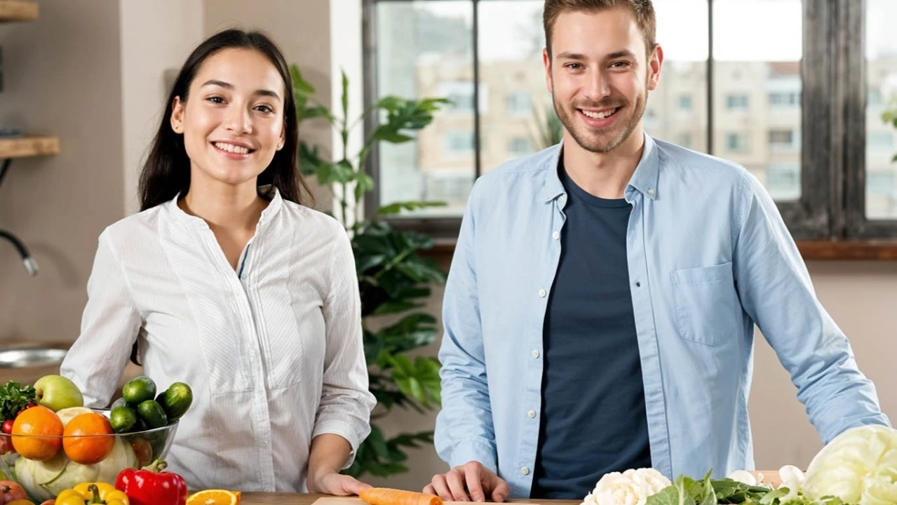 Two people seated at a table with fresh food in the original wellness article image.