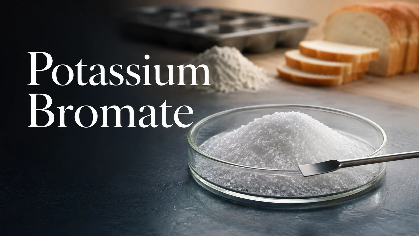 Spoon of white powder beside bread slices, labeled Potassium Bromate.