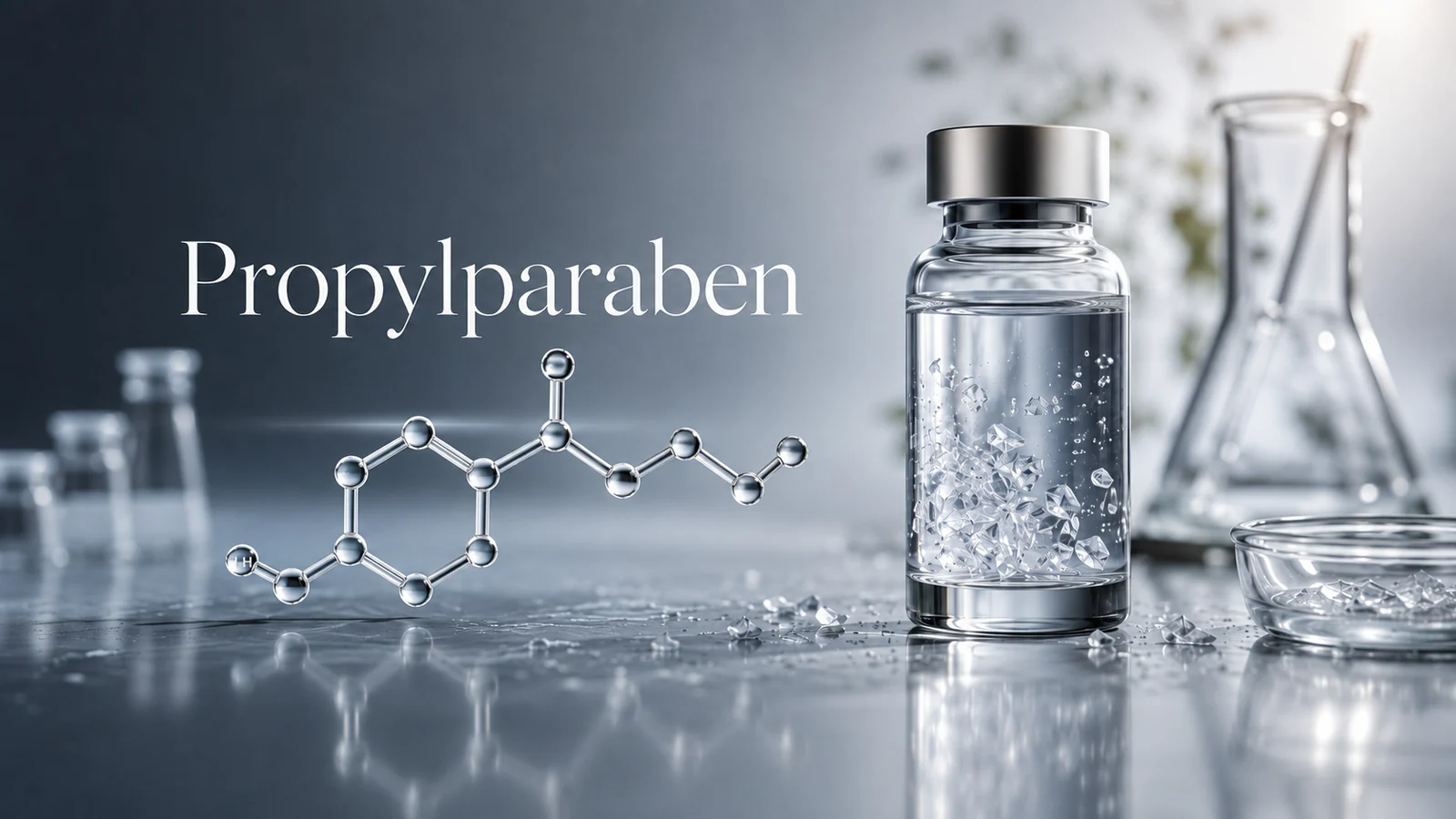 Laboratory glassware and a molecular illustration labeled Propylparaben.