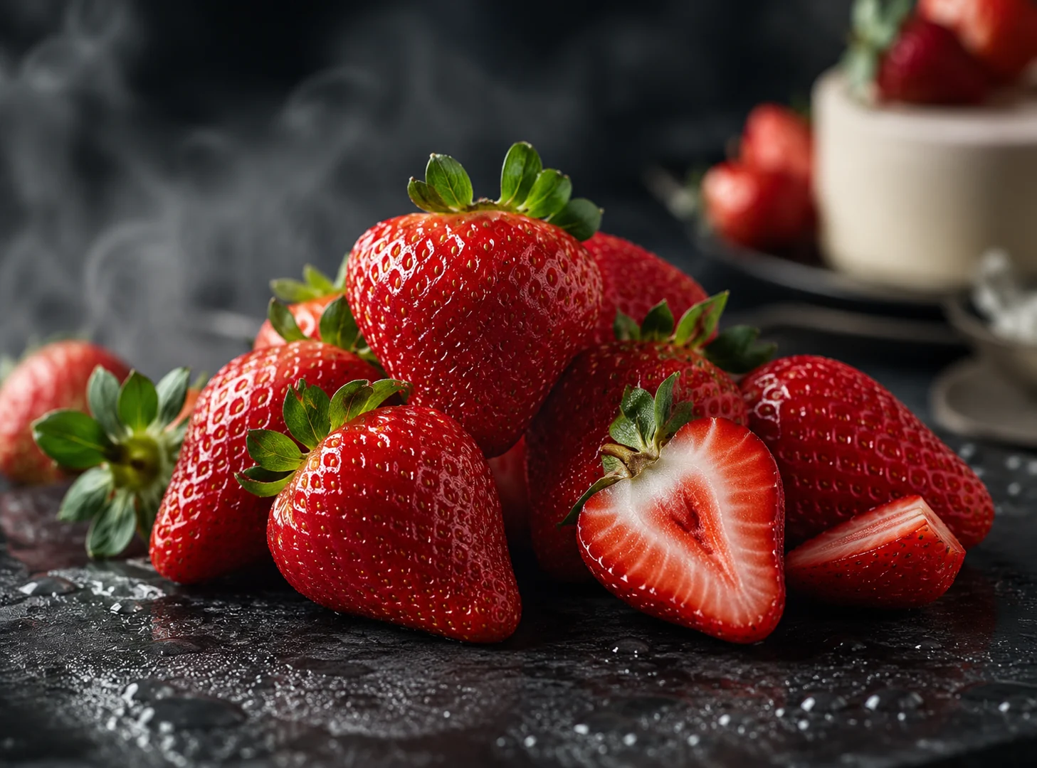 Fresh whole and sliced strawberries on a dark kitchen surface.