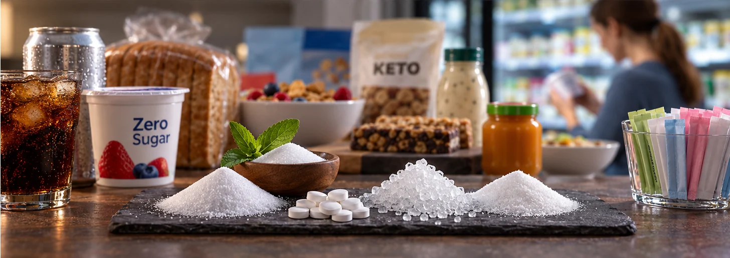 Sugar, sweetener cubes, and zero-sugar packaged foods on a kitchen counter.