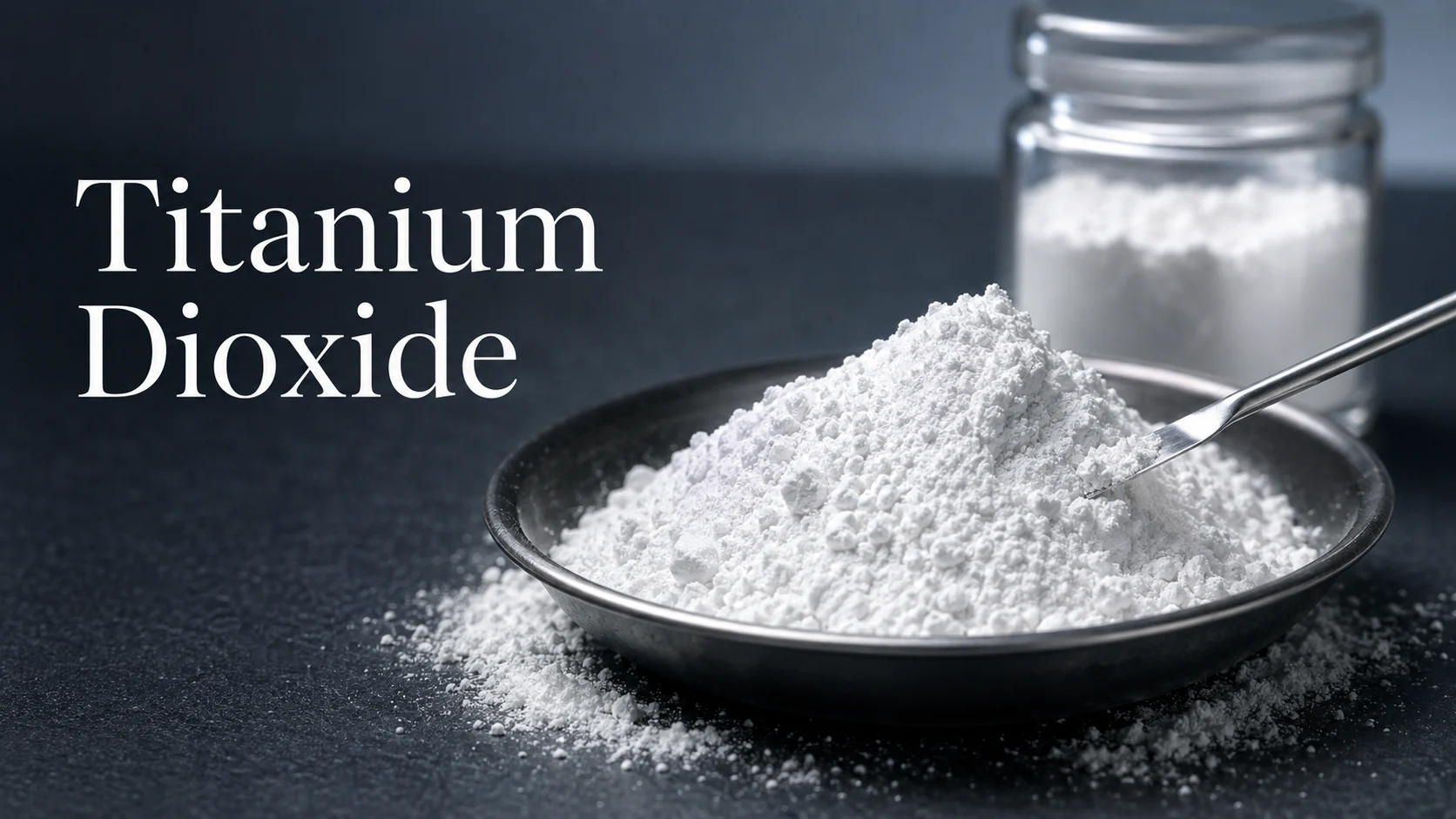 Spoon of white powder and a jar, labeled Titanium Dioxide.