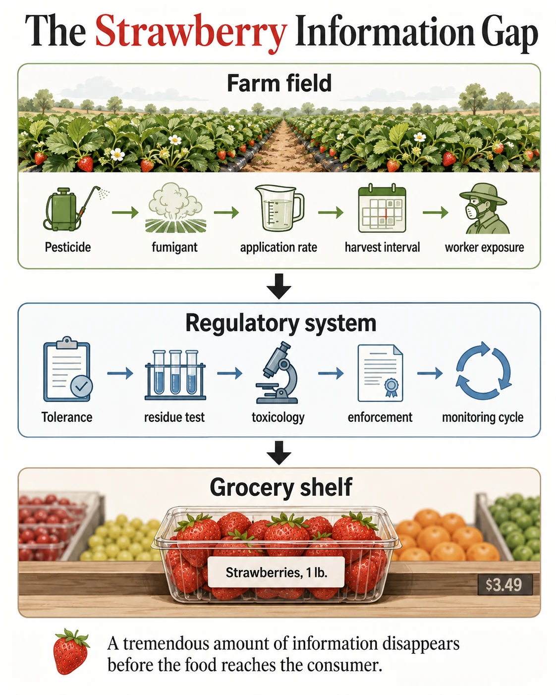 Strawberry supply-chain infographic showing information lost between farm, regulatory testing and the grocery shelf.